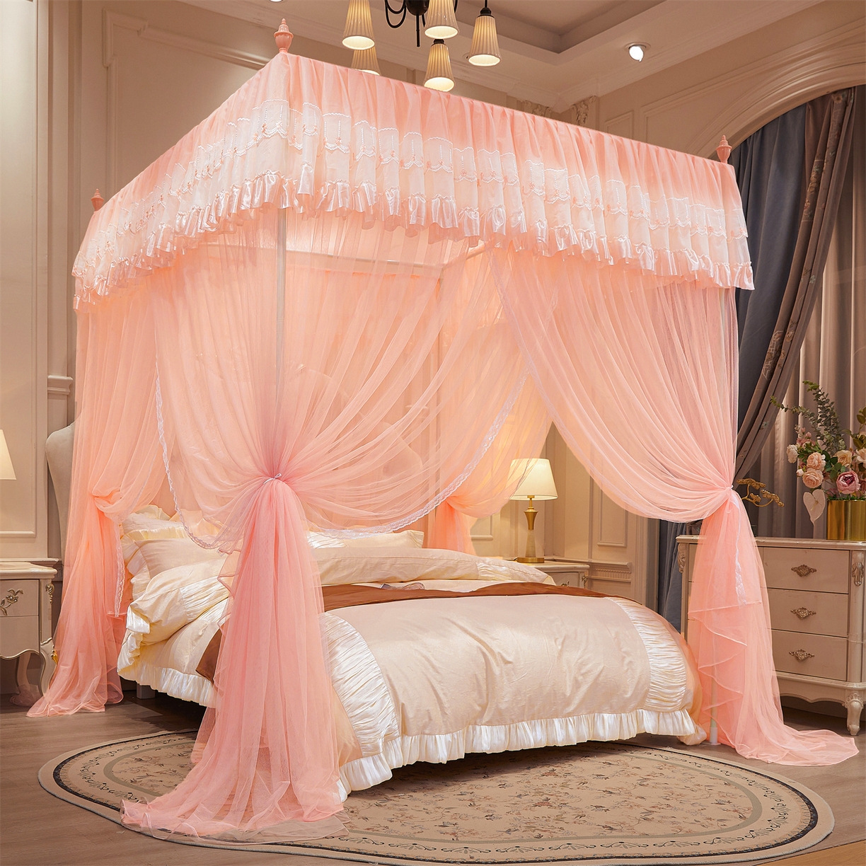 91家纺网 家纺一手货源 找家纺 舞夜盛世 【欧式风情】2026新款落地三开门宫廷蚊帐 欧式情怀-玉色