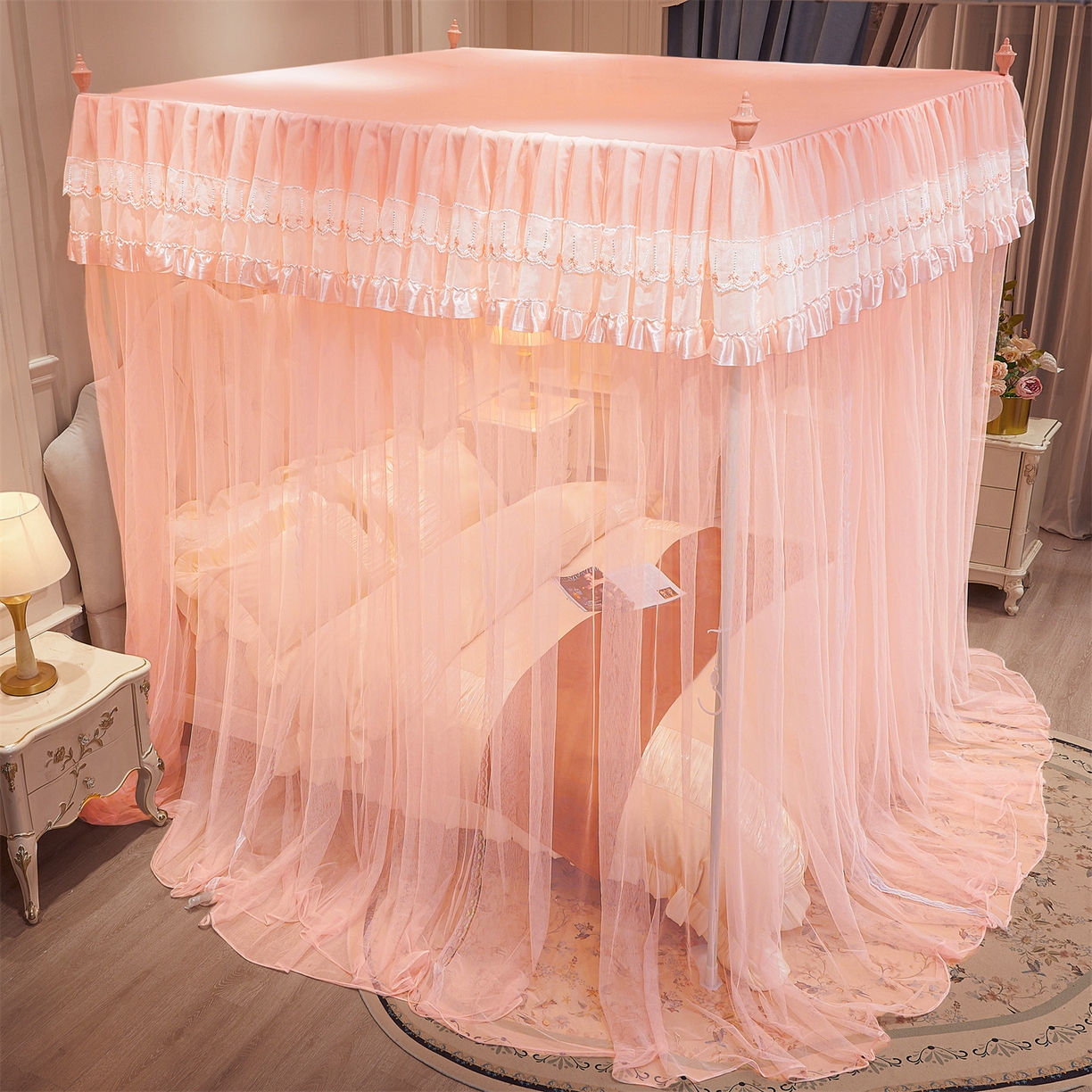 91家纺网 家纺一手货源 找家纺 舞夜盛世 【欧式风情】2026新款落地三开门宫廷蚊帐 欧式情怀-玉色