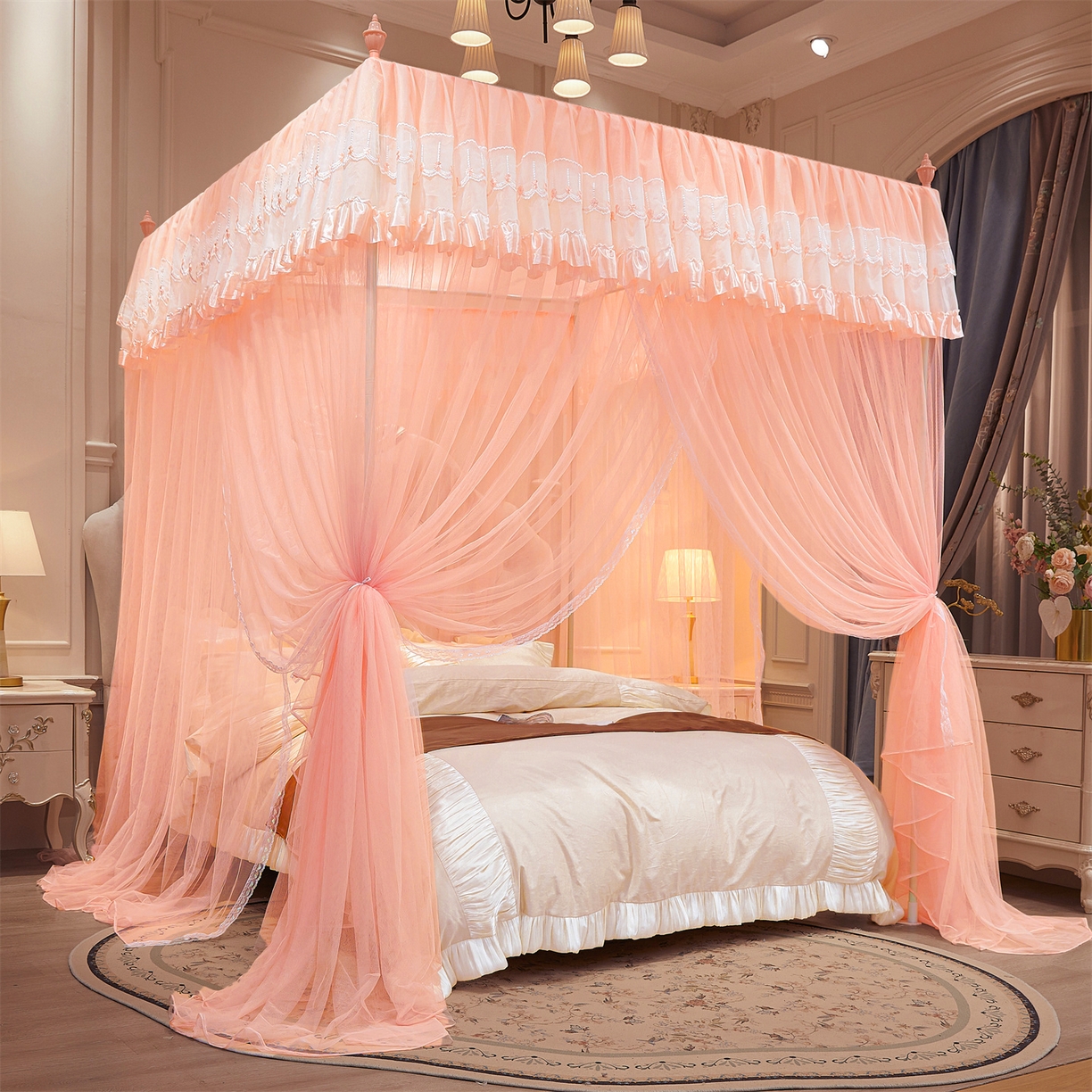 91家纺网 家纺一手货源 找家纺 舞夜盛世 【欧式风情】2026新款落地三开门宫廷蚊帐 欧式情怀-玉色