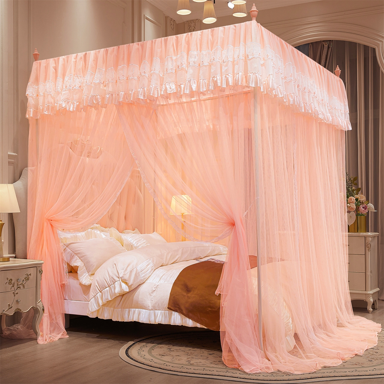 91家纺网 家纺一手货源 找家纺 舞夜盛世 【欧式风情】2026新款落地三开门宫廷蚊帐 欧式情怀-玉色