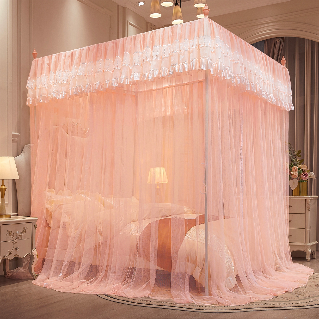 91家纺网 家纺一手货源 找家纺 舞夜盛世 【欧式风情】2026新款落地三开门宫廷蚊帐 欧式情怀-玉色