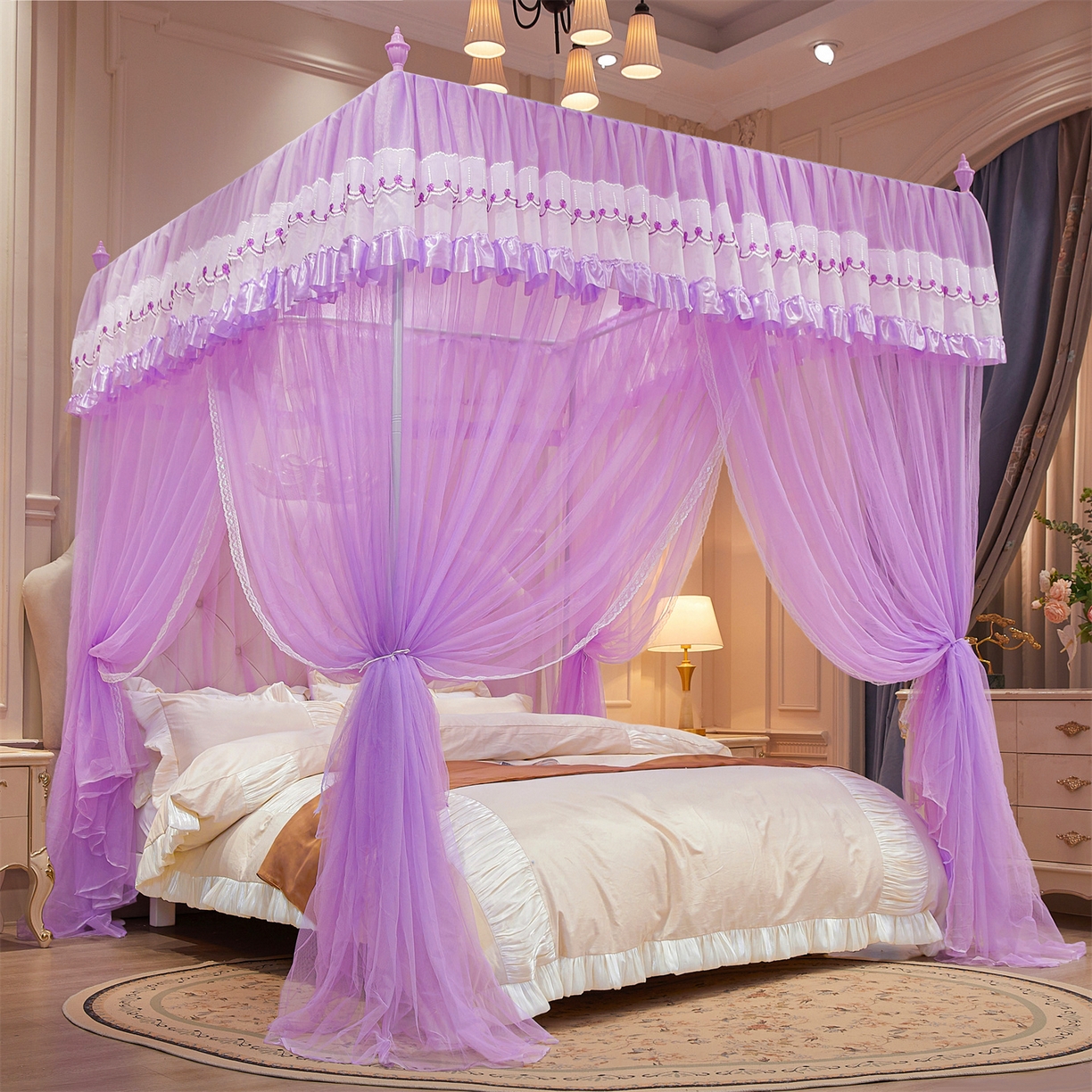 91家纺网 家纺一手货源 找家纺 舞夜盛世 【欧式风情】2026新款落地三开门宫廷蚊帐 欧式情怀-紫色