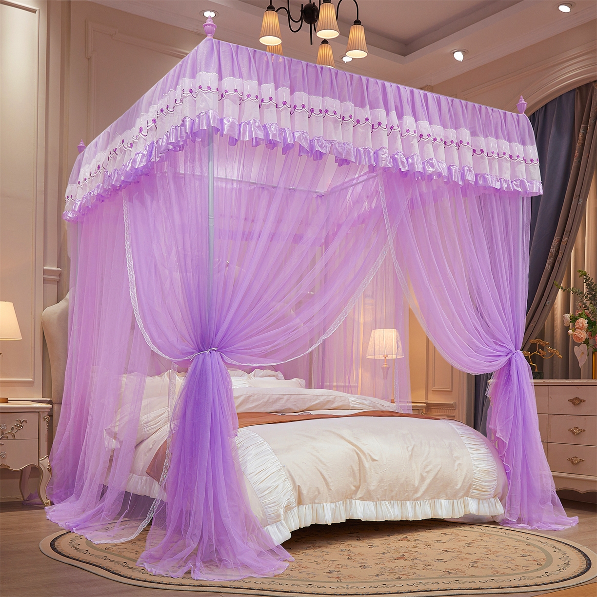 91家纺网 家纺一手货源 找家纺 舞夜盛世 【欧式风情】2026新款落地三开门宫廷蚊帐 欧式情怀-紫色