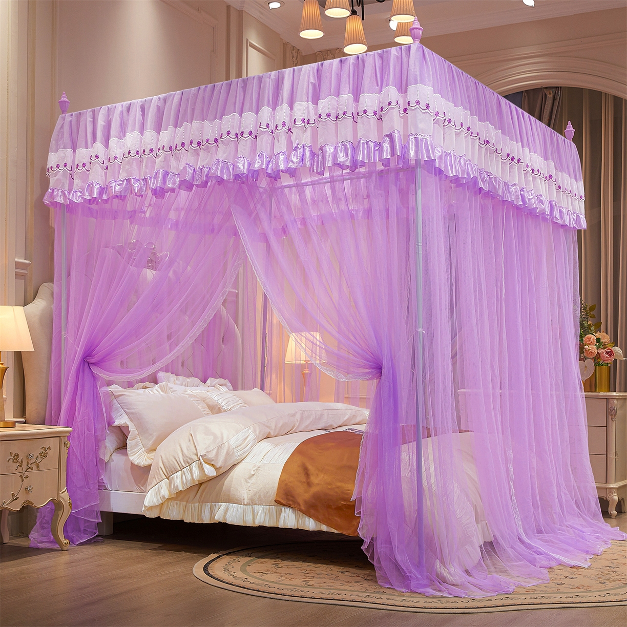 91家纺网 家纺一手货源 找家纺 舞夜盛世 【欧式风情】2026新款落地三开门宫廷蚊帐 欧式情怀-紫色