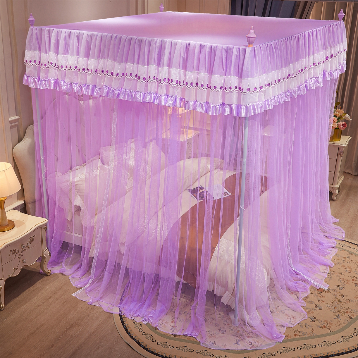 91家纺网 家纺一手货源 找家纺 舞夜盛世 【欧式风情】2026新款落地三开门宫廷蚊帐 欧式情怀-紫色