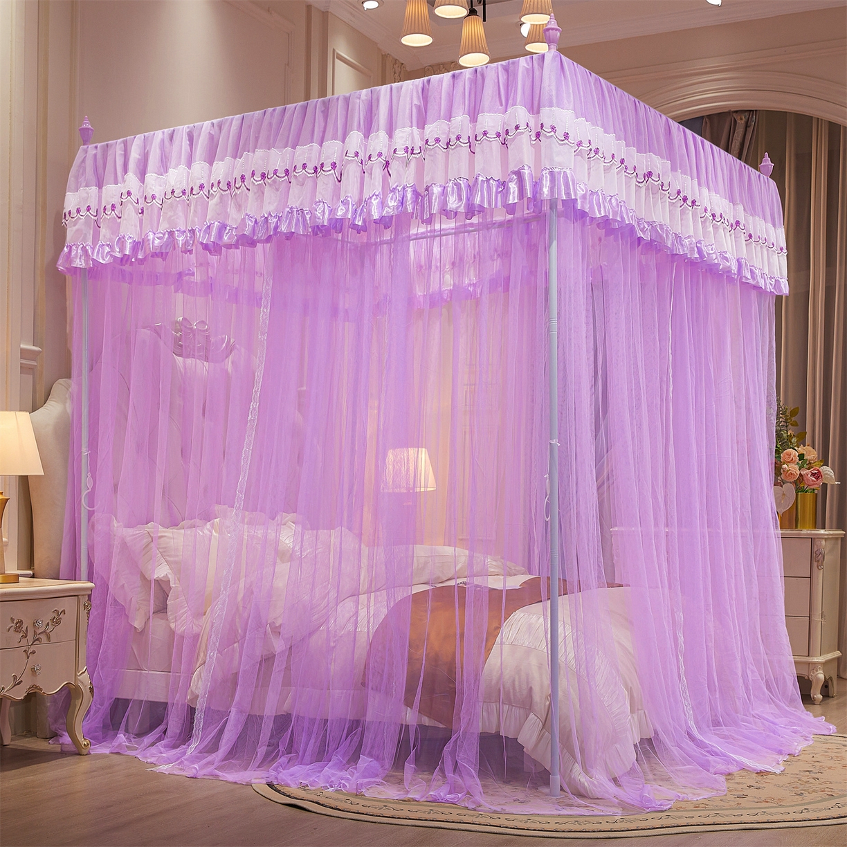 91家纺网 家纺一手货源 找家纺 舞夜盛世 【欧式风情】2026新款落地三开门宫廷蚊帐 欧式情怀-紫色