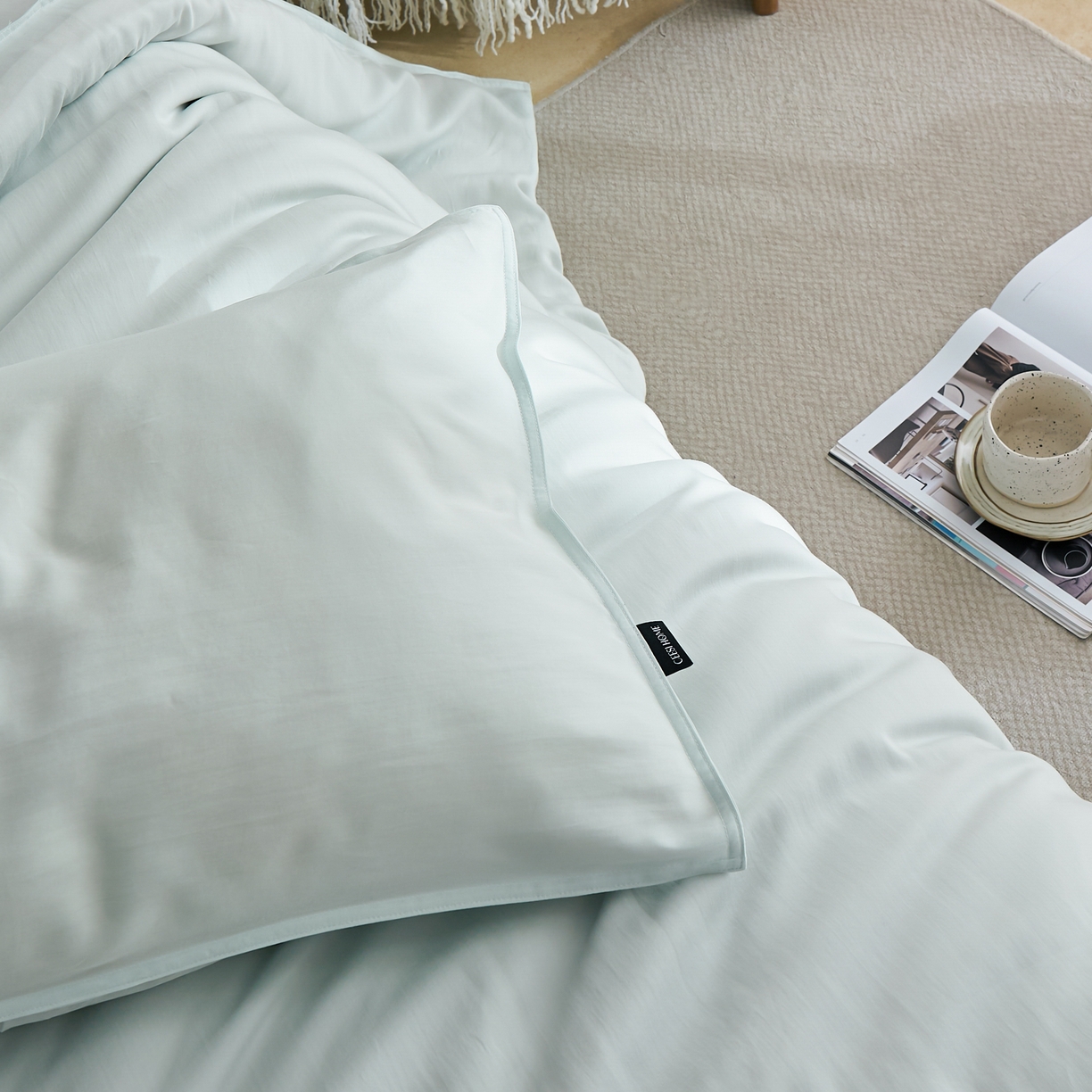 91家纺网 家纺一手货源 找家纺 禧禾 2026新款60支兰精天丝柔洗做旧四件套序禾 序禾-格兰绿