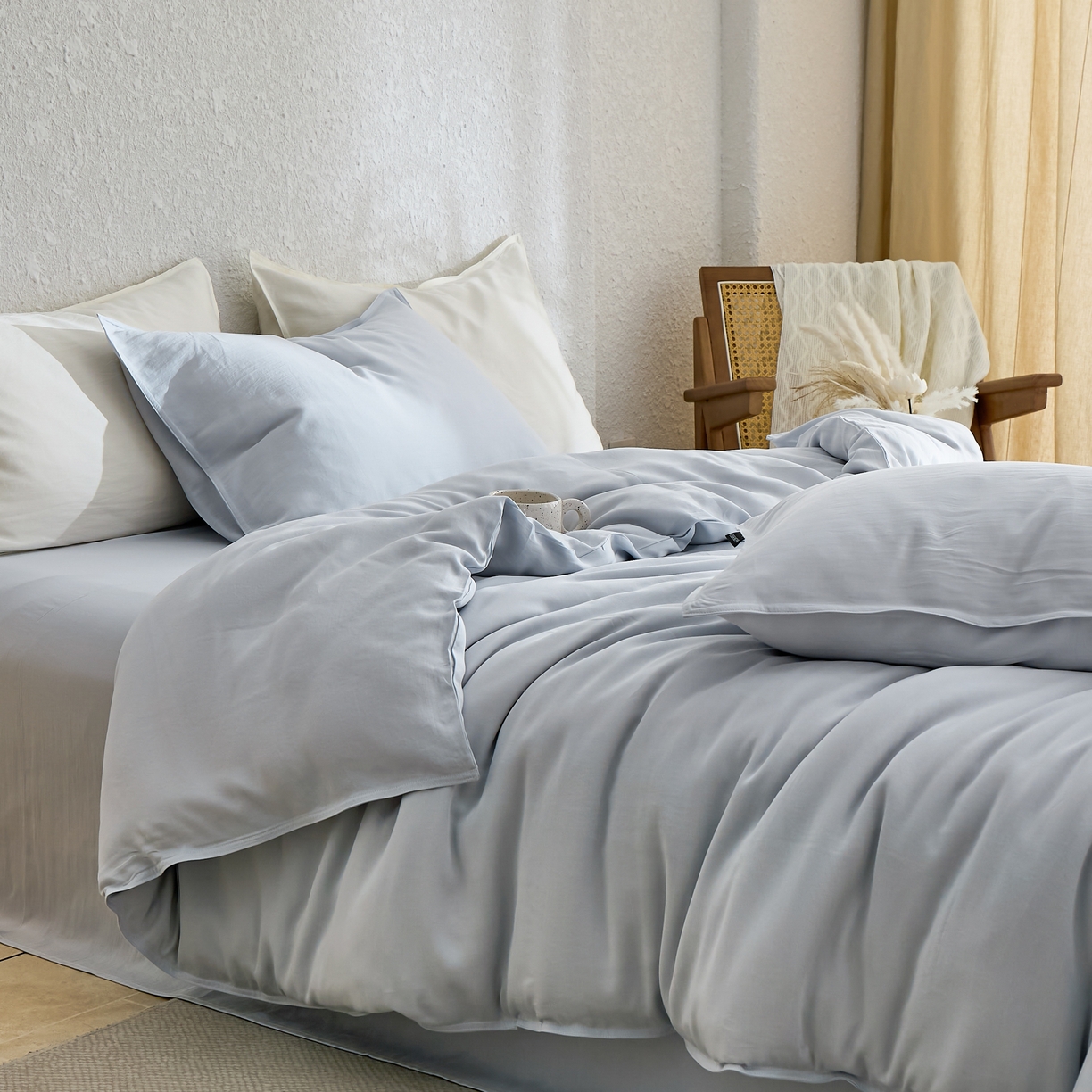 91家纺网 家纺一手货源 找家纺 禧禾 2026新款60支兰精天丝柔洗做旧四件套序禾 微风蓝