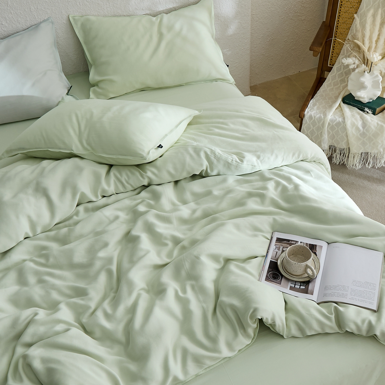 91家纺网 家纺一手货源 找家纺 禧禾 2026新款60支兰精天丝柔洗做旧四件套序禾 序禾-浅霜青