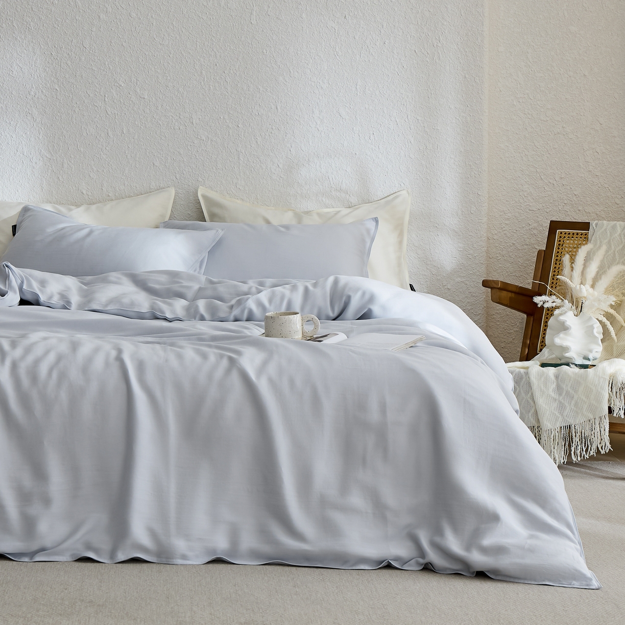 91家纺网 家纺一手货源 找家纺 禧禾 2026新款60支兰精天丝柔洗做旧四件套序禾 微风蓝