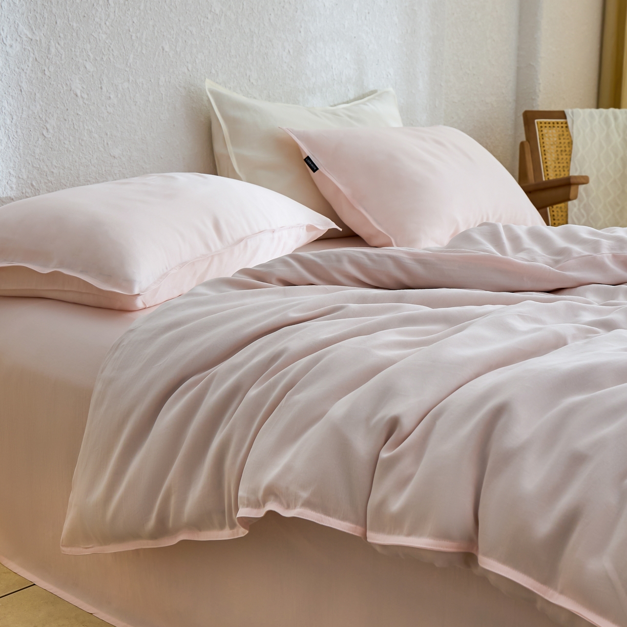 91家纺网 家纺一手货源 找家纺 禧禾 2026新款60支兰精天丝柔洗做旧四件套序禾 序禾-奶昔粉