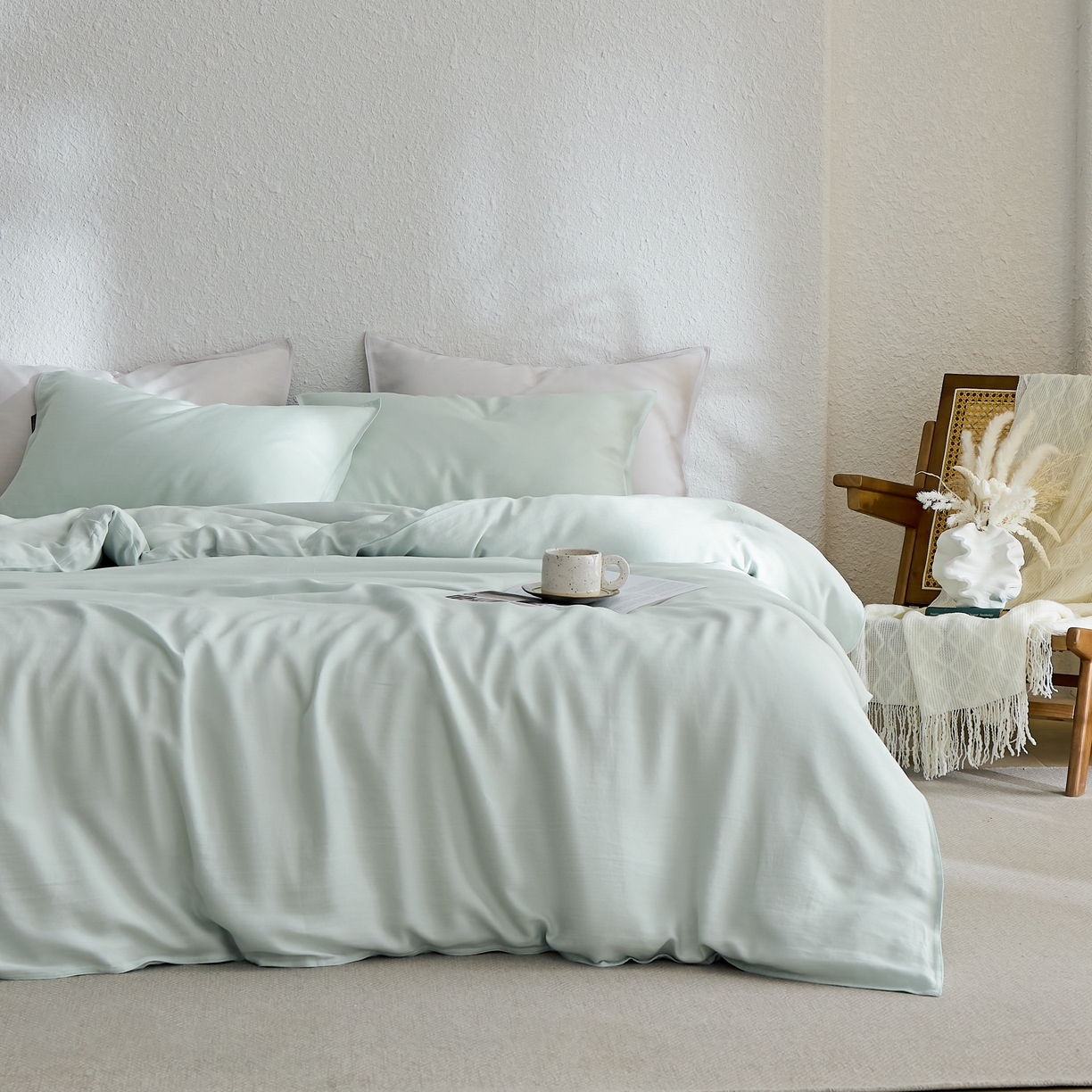 91家纺网 家纺一手货源 找家纺 禧禾 2026新款60支兰精天丝柔洗做旧四件套序禾 序禾-格兰绿