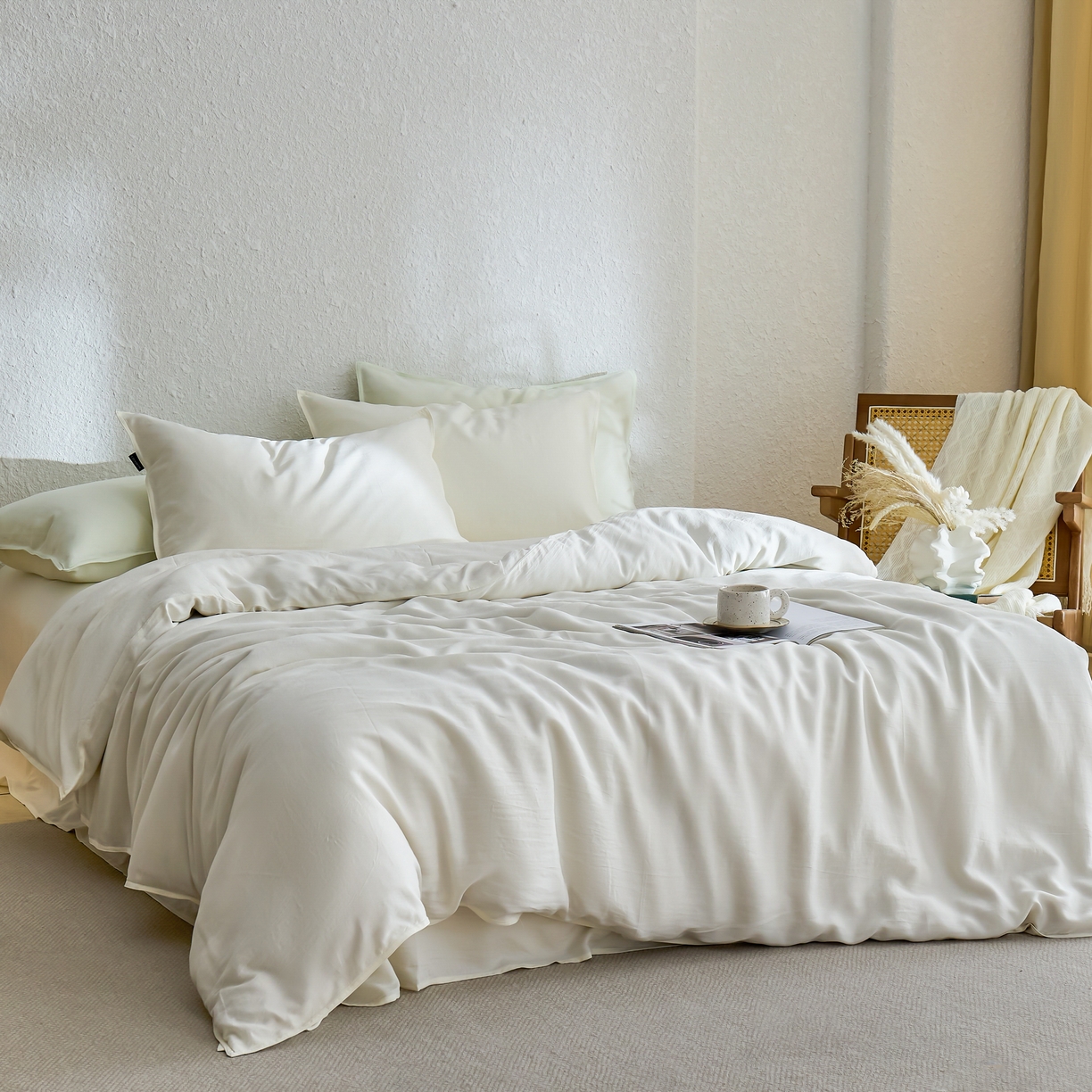 91家纺网 家纺一手货源 找家纺 禧禾 2026新款60支兰精天丝柔洗做旧四件套序禾 序禾-香草白