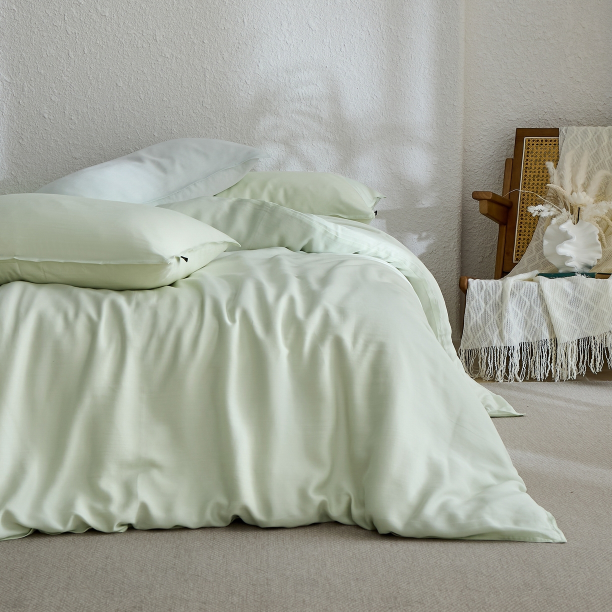 91家纺网 家纺一手货源 找家纺 禧禾 2026新款60支兰精天丝柔洗做旧四件套序禾 序禾-浅霜青