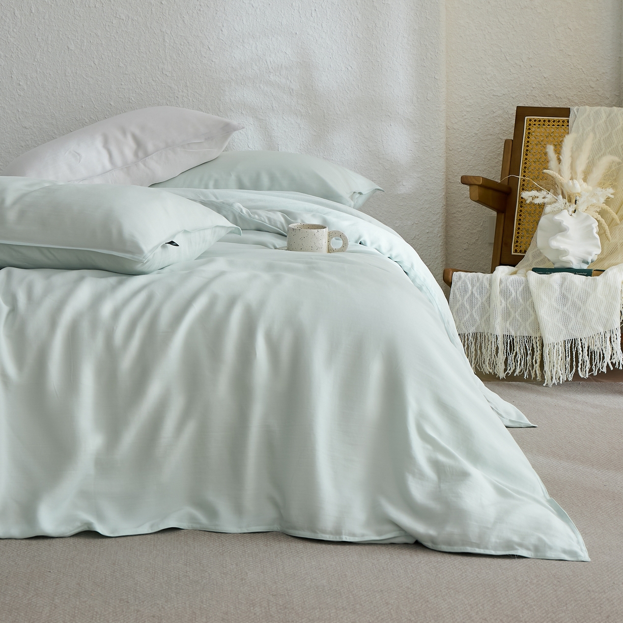 91家纺网 家纺一手货源 找家纺 禧禾 2026新款60支兰精天丝柔洗做旧四件套序禾 序禾-格兰绿