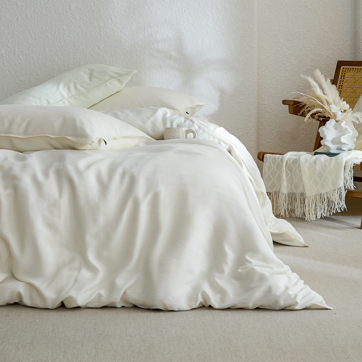 91家纺网 家纺一手货源 找家纺 禧禾 2026新款60支兰精天丝柔洗做旧四件套序禾 序禾-香草白