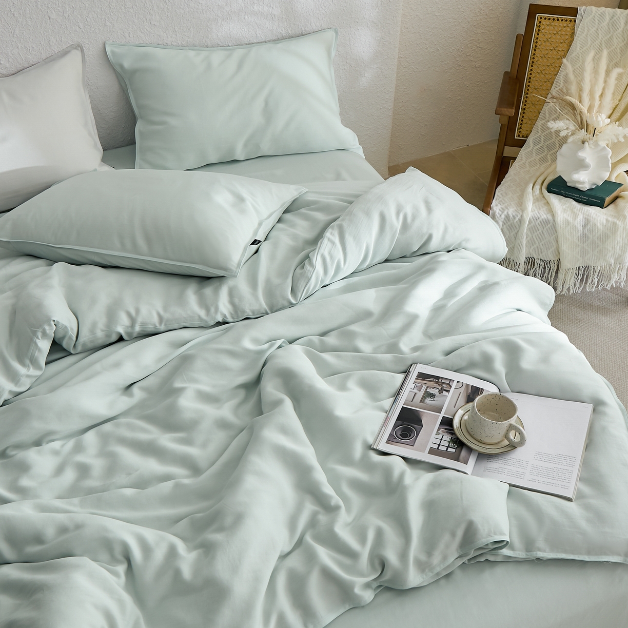 91家纺网 家纺一手货源 找家纺 禧禾 2026新款60支兰精天丝柔洗做旧四件套序禾 序禾-格兰绿