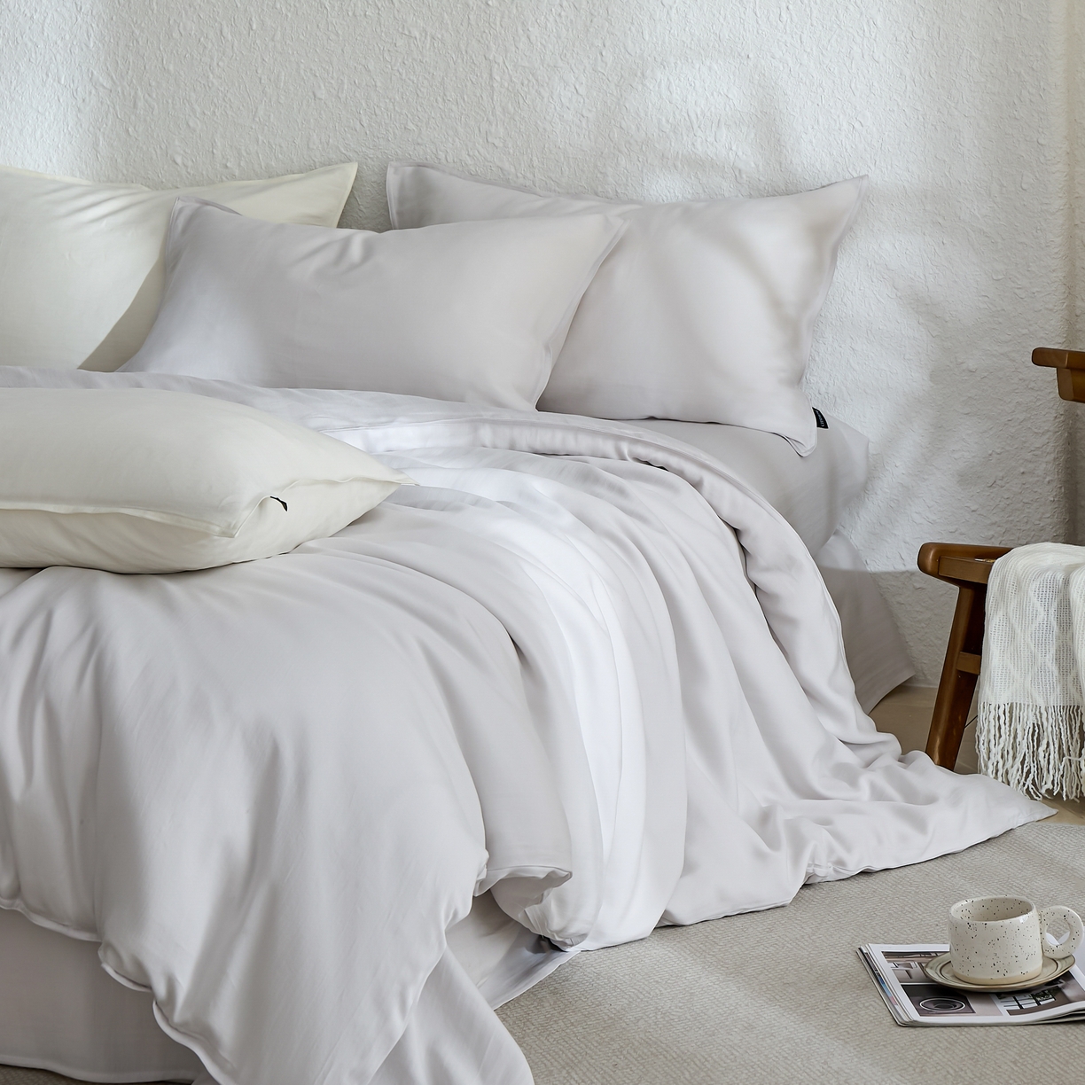 91家纺网 家纺一手货源 找家纺 禧禾 2026新款60支兰精天丝柔洗做旧四件套序禾 序禾-浅云灰