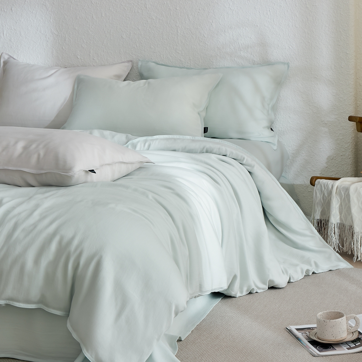 91家纺网 家纺一手货源 找家纺 禧禾 2026新款60支兰精天丝柔洗做旧四件套序禾 序禾-格兰绿