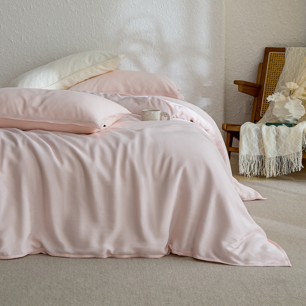 91家纺网 家纺一手货源 找家纺 禧禾 2026新款60支兰精天丝柔洗做旧四件套序禾 序禾-奶昔粉