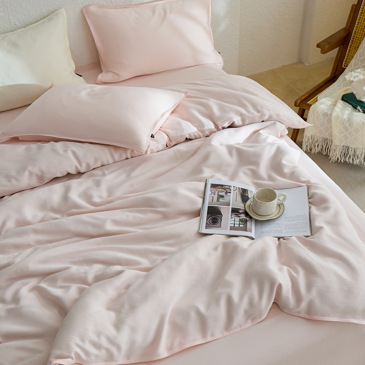 91家纺网 家纺一手货源 找家纺 禧禾 2026新款60支兰精天丝柔洗做旧四件套序禾 序禾-奶昔粉