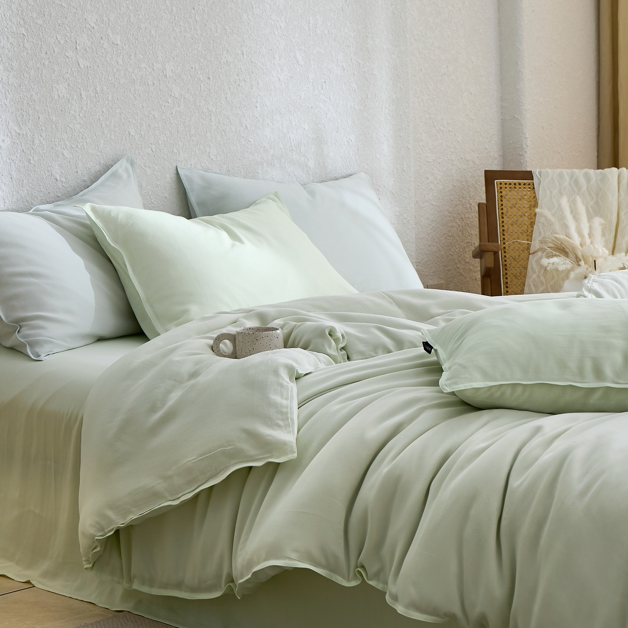 91家纺网 家纺一手货源 找家纺 禧禾 2026新款60支兰精天丝柔洗做旧四件套序禾 序禾-浅霜青