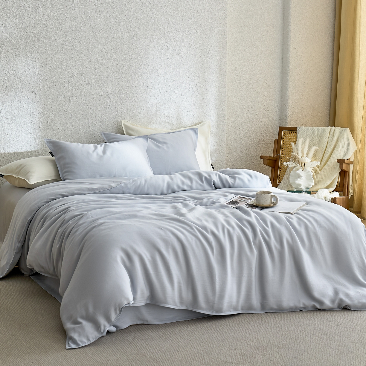 91家纺网 家纺一手货源 找家纺 禧禾 2026新款60支兰精天丝柔洗做旧四件套序禾 微风蓝