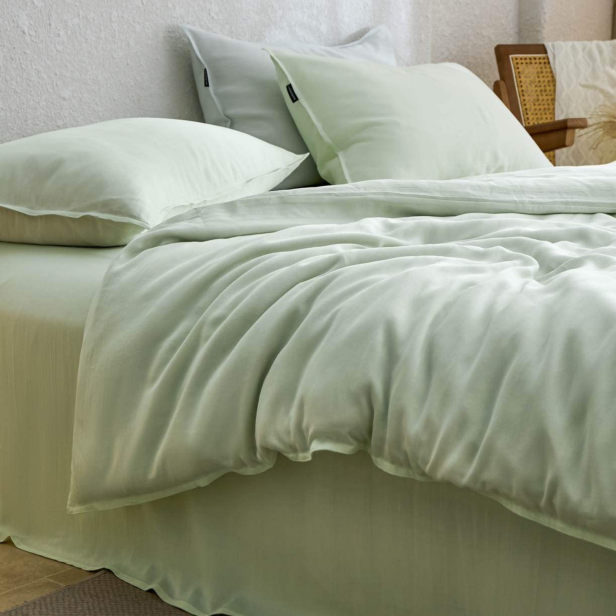 91家纺网 家纺一手货源 找家纺 禧禾 2026新款60支兰精天丝柔洗做旧四件套序禾 序禾-浅霜青