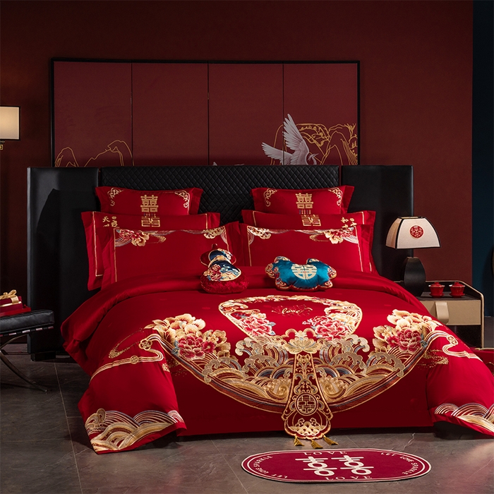 91家纺网 家纺一手货源 找家纺 千禧家纺 2025新款双面长绒棉提花工艺重工刺绣婚庆多件套 盛世繁华