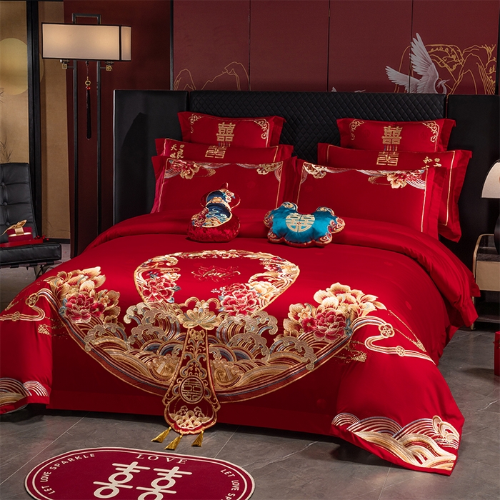 91家纺网 家纺一手货源 找家纺 千禧家纺 2025新款双面长绒棉提花工艺重工刺绣婚庆多件套 盛世繁华