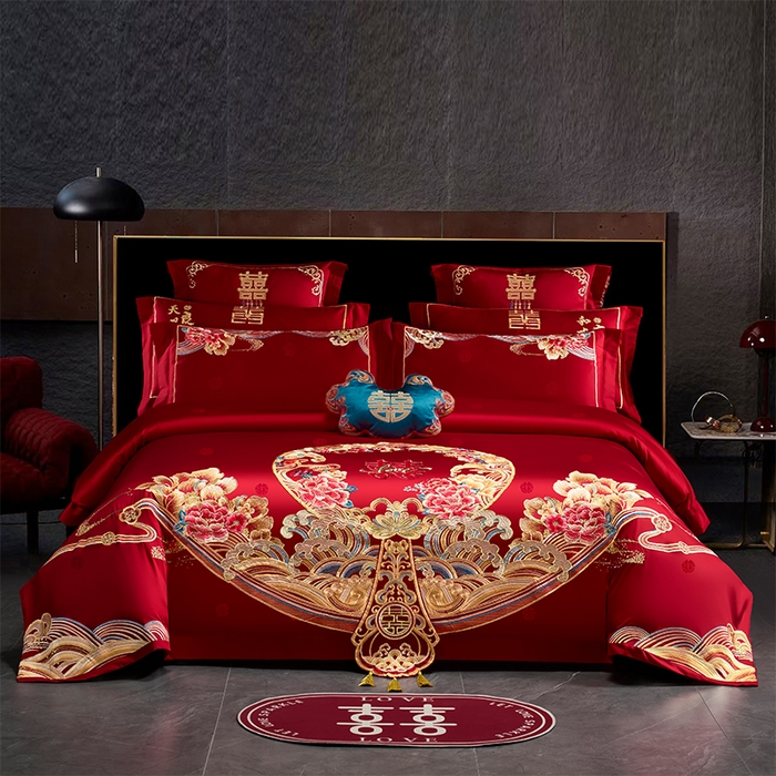 千禧家纺 2025新款双面长绒棉提花工艺重工刺绣婚庆多件套 盛世繁华