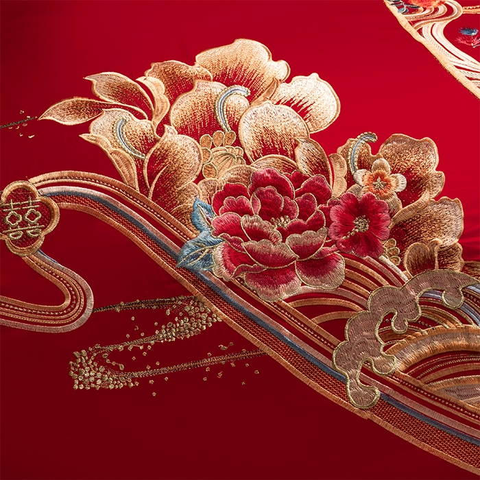 91家纺网 家纺一手货源 找家纺 千禧家纺 2025新款双面长绒棉提花工艺重工刺绣婚庆多件套 盛世繁华