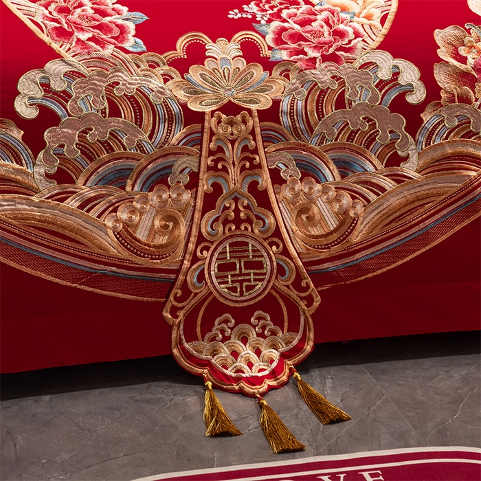 91家纺网 家纺一手货源 找家纺 千禧家纺 2025新款双面长绒棉提花工艺重工刺绣婚庆多件套 盛世繁华