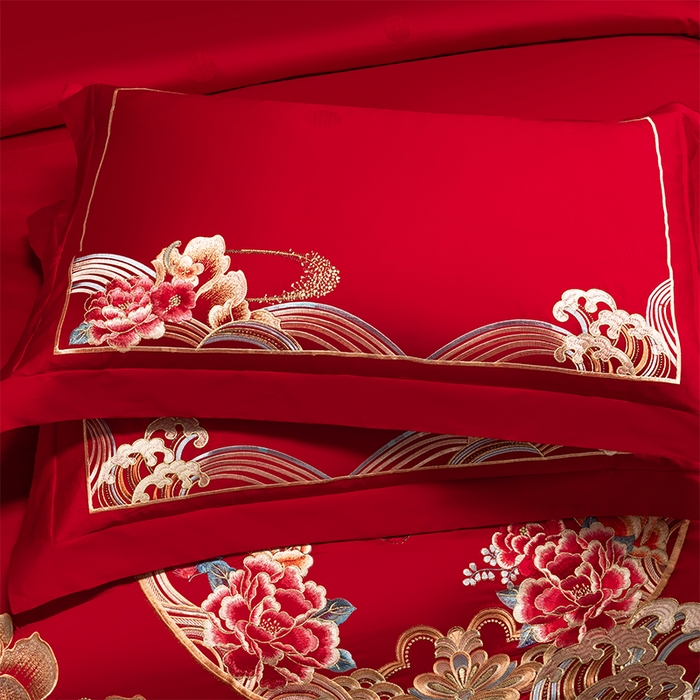 91家纺网 家纺一手货源 找家纺 千禧家纺 2025新款双面长绒棉提花工艺重工刺绣婚庆多件套 盛世繁华