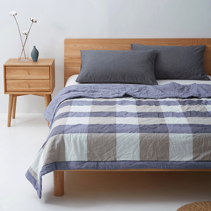 91家纺网 家纺一手货源 找家纺 玖弘家居 2026新款凉感亲肤羽丝棉夏被 蓝大格