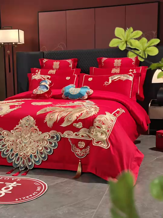 91家纺网 家纺一手货源 找家纺 千禧家纺 2025新款双面长绒棉提花工艺重工刺绣婚庆多件套 金龙祥凤