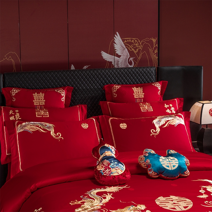 91家纺网 家纺一手货源 找家纺 千禧家纺 2025新款双面长绒棉提花工艺重工刺绣婚庆多件套 金龙祥凤