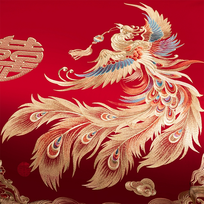 91家纺网 家纺一手货源 找家纺 千禧家纺 2025新款双面长绒棉提花工艺重工刺绣婚庆多件套 金龙祥凤