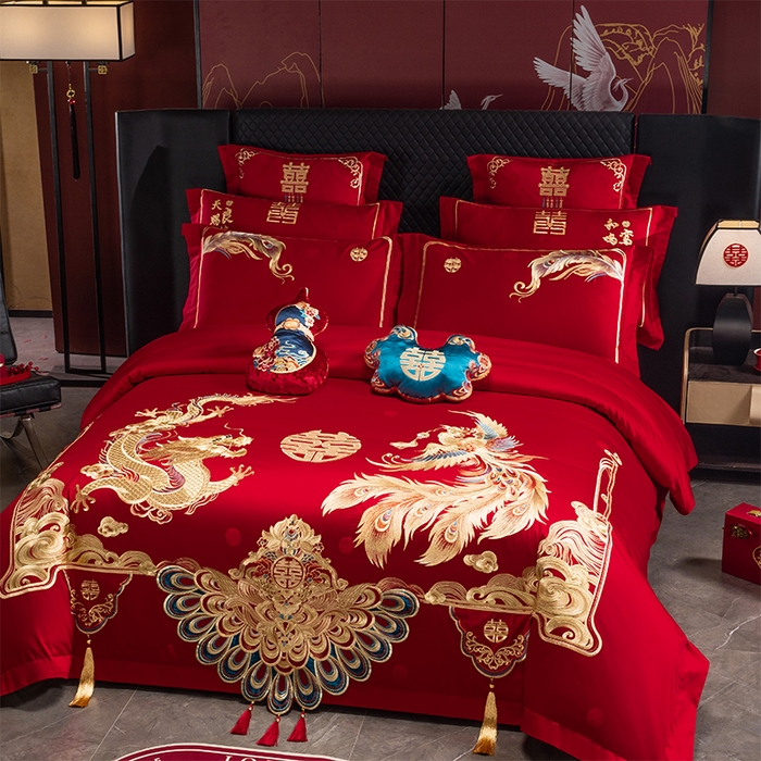 91家纺网 家纺一手货源 找家纺 千禧家纺 2025新款双面长绒棉提花工艺重工刺绣婚庆多件套 金龙祥凤