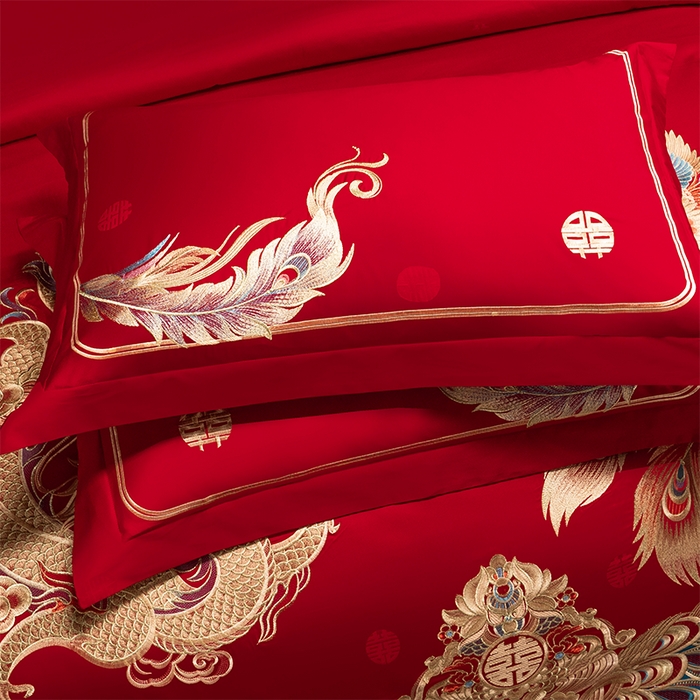 91家纺网 家纺一手货源 找家纺 千禧家纺 2025新款双面长绒棉提花工艺重工刺绣婚庆多件套 金龙祥凤