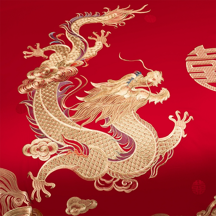 91家纺网 家纺一手货源 找家纺 千禧家纺 2025新款双面长绒棉提花工艺重工刺绣婚庆多件套 金龙祥凤