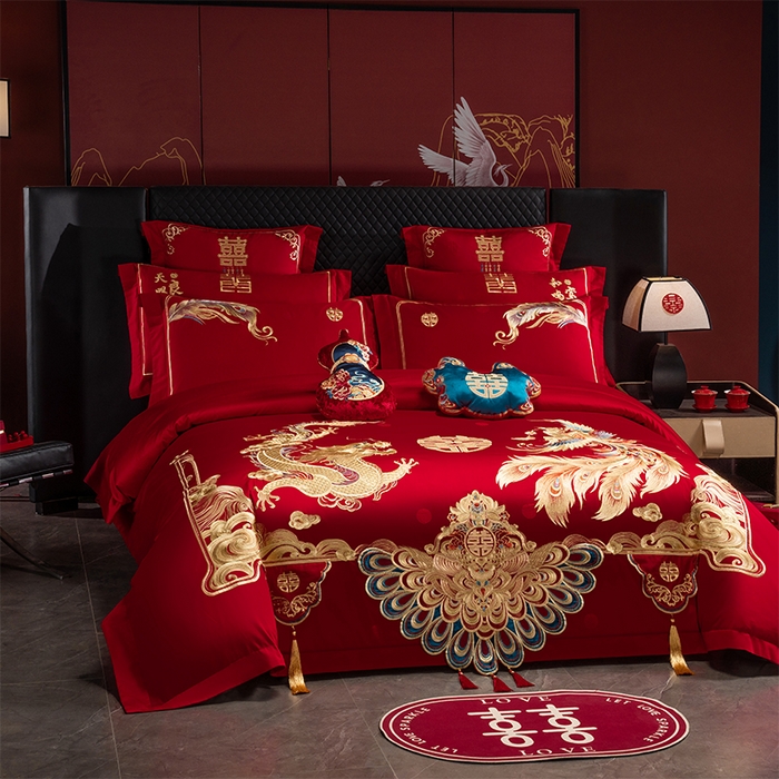 91家纺网 家纺一手货源 找家纺 千禧家纺 2025新款双面长绒棉提花工艺重工刺绣婚庆多件套 金龙祥凤