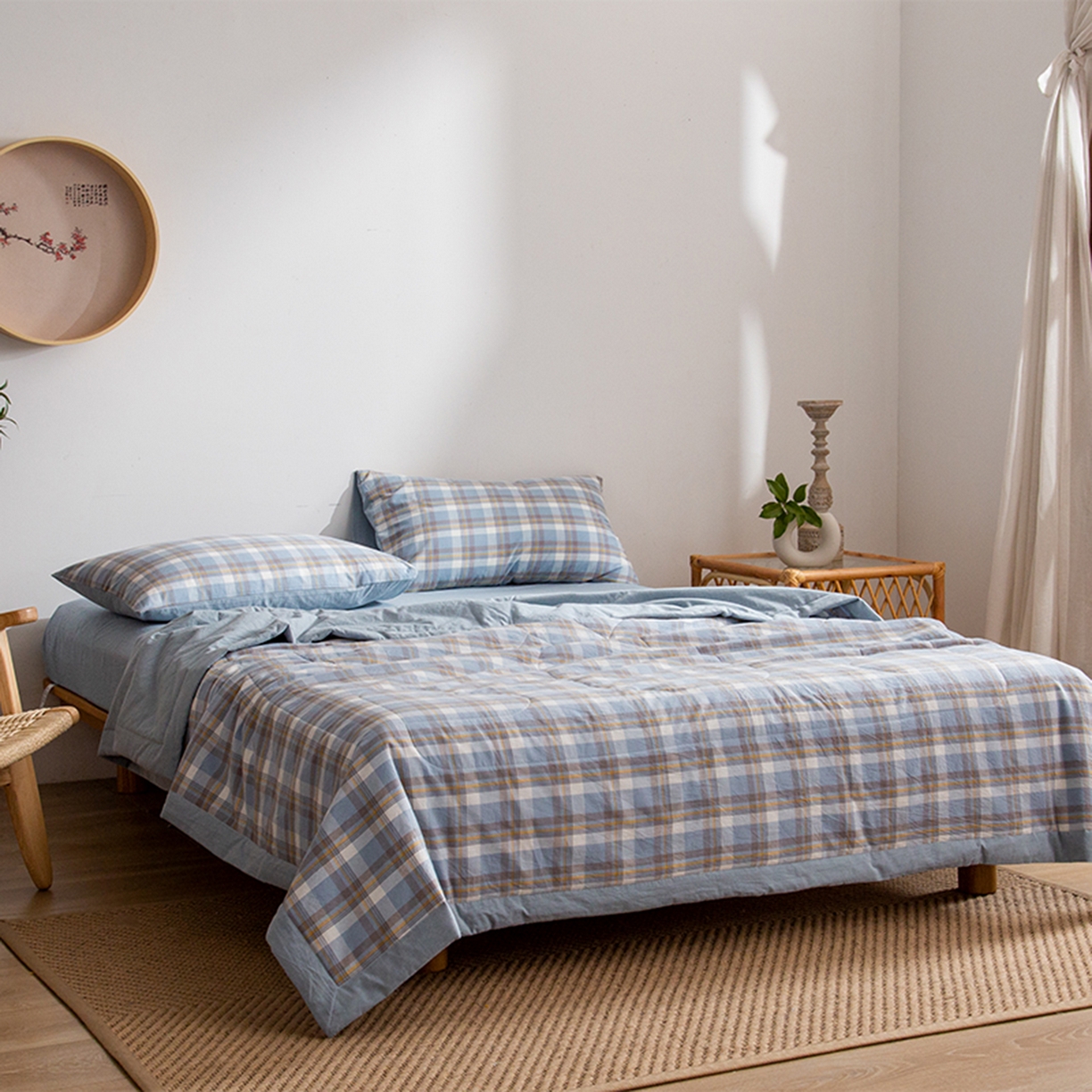 91家纺网 家纺一手货源 找家纺 玖弘家居 2026新款凉感亲肤羽丝棉夏被 简兮蓝