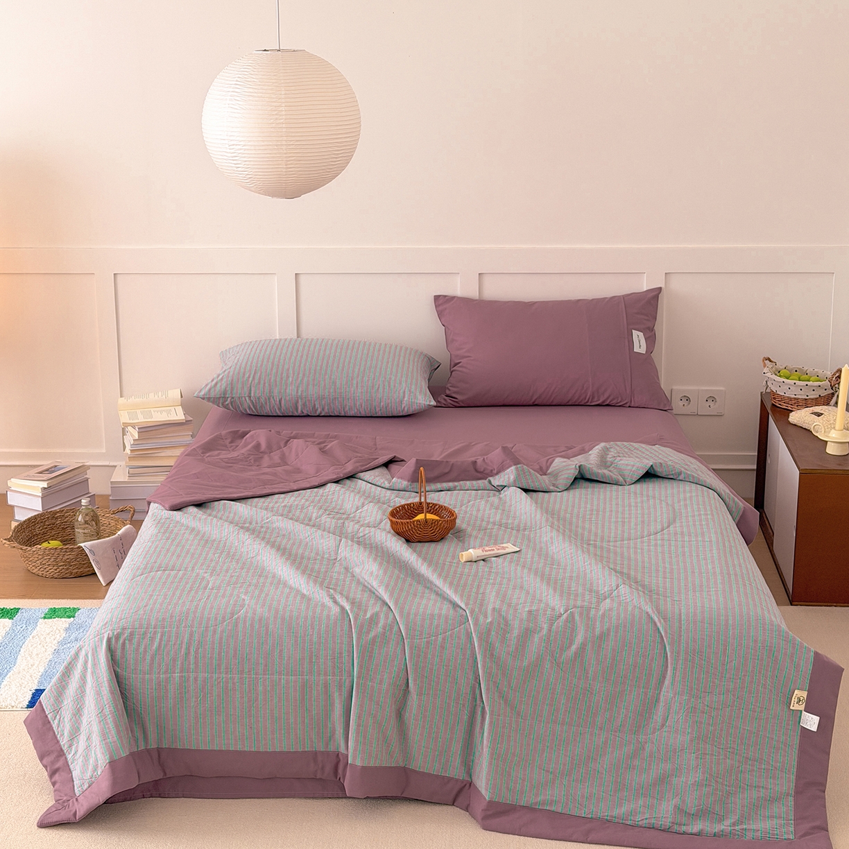 玖弘家居 2026新款凉感亲肤羽丝棉夏被 粉紫条