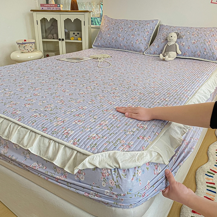 布柔 2026春夏新款全棉印花夹棉单床笠床垫保护套罩 床笠单件 花田紫