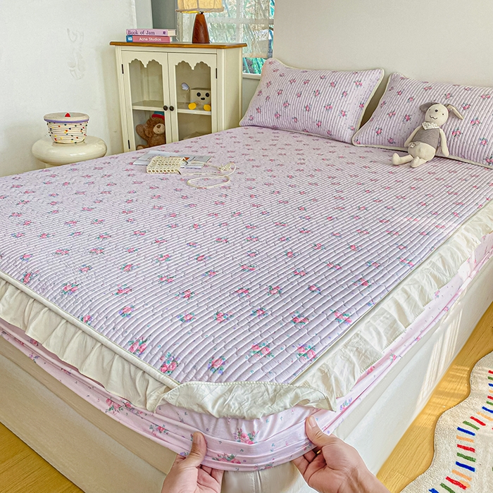 91家纺网 家纺一手货源 找家纺 布柔 2026春夏新款全棉印花夹棉单床笠床垫保护套罩 床笠单件 花田粉