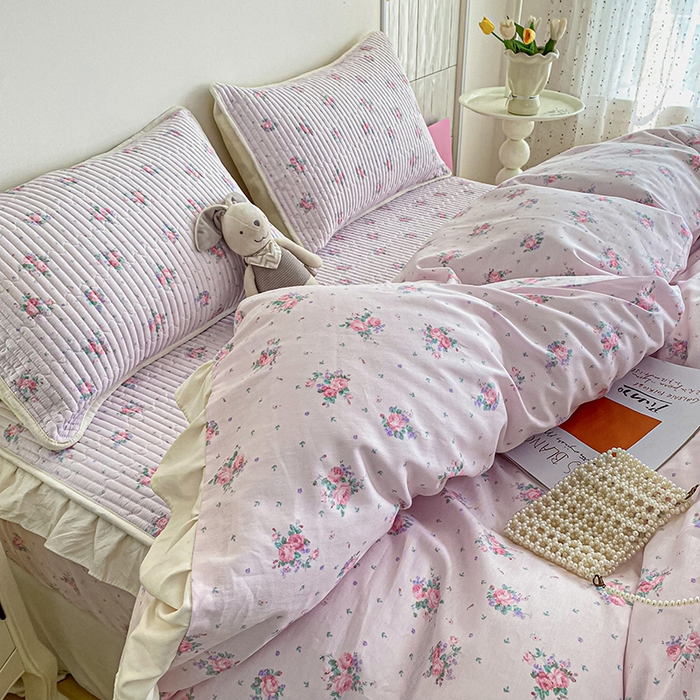 91家纺网 家纺一手货源 找家纺 布柔 2026春夏新款全棉印花夹棉单床笠床垫保护套罩 床笠单件 花田粉