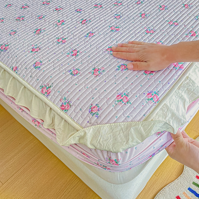 91家纺网 家纺一手货源 找家纺 布柔 2026春夏新款全棉印花夹棉单床笠床垫保护套罩 床笠单件 花田粉