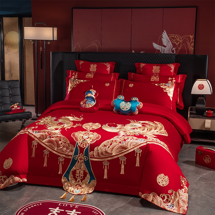 91家纺网 家纺一手货源 找家纺 千禧家纺 2025新款双面长绒棉提花工艺重工刺绣婚庆多件套 祥龙瑞凤