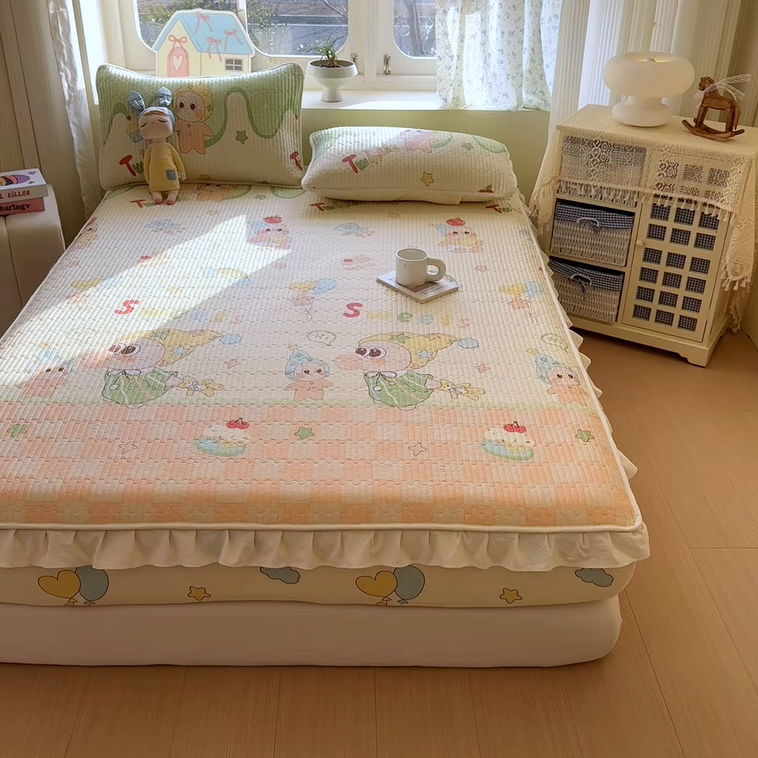 91家纺网 家纺一手货源 找家纺 布柔 2026春夏新款全棉印花夹棉单床笠床垫保护套罩 床笠单件 泡泡星人